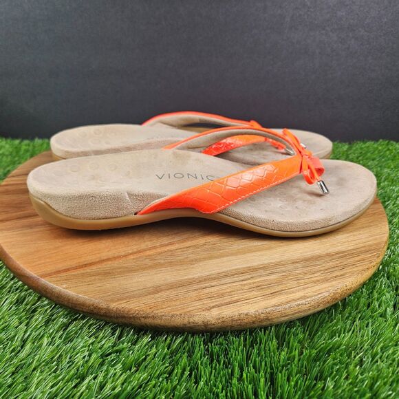 Vionic Bella II Women's Sandal 10 Orange Patent Leather Bow Tie Thong Toe Post - Picture 1 of 10